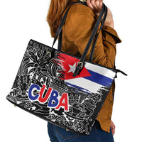 Cuba Flag Leather Tote Bag Black with Red White Blue Patriotic Graphics and Cultural Doodle Design - Wonder Print Shop