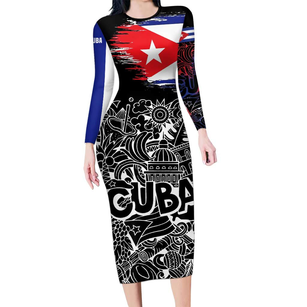 Cuba Flag Long Sleeve Bodycon Dress Black with Red White Blue Patriotic Graphics and Cultural Doodle Design - Wonder Print Shop