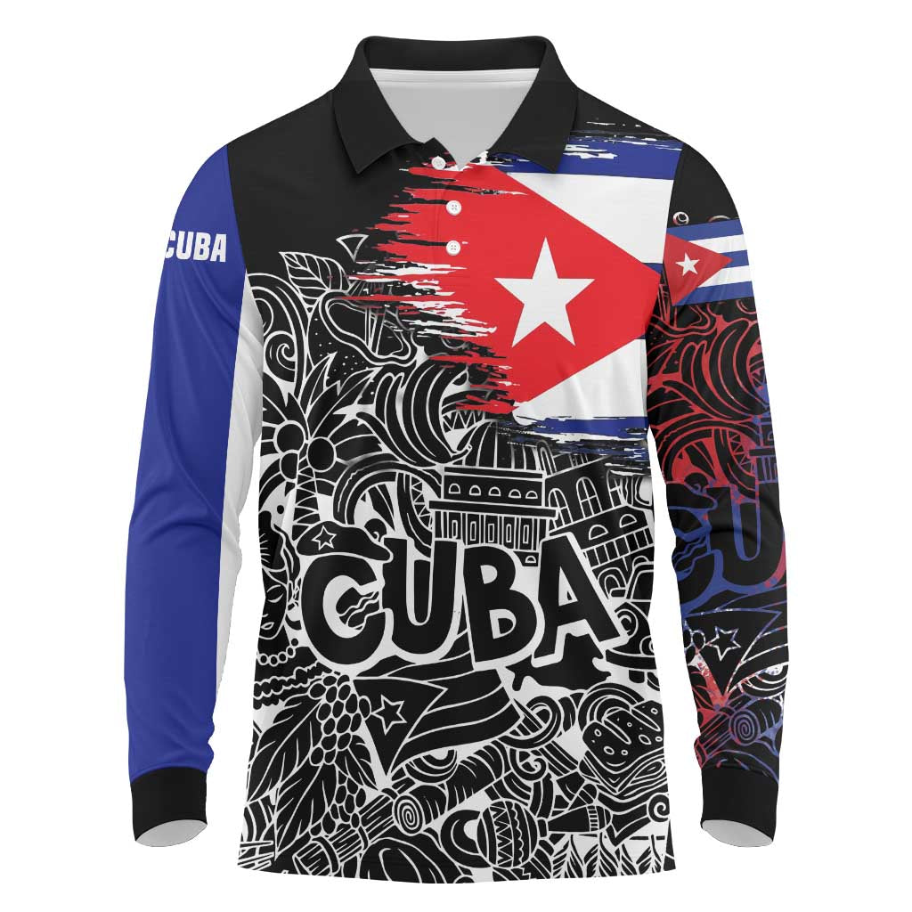 Cuba Flag Long Sleeve Polo Shirt Black with Red White Blue Patriotic Graphics and Cultural Doodle Design - Wonder Print Shop