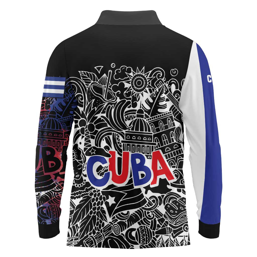 Cuba Flag Long Sleeve Polo Shirt Black with Red White Blue Patriotic Graphics and Cultural Doodle Design - Wonder Print Shop