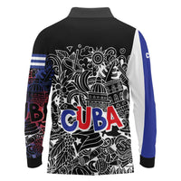 Cuba Flag Long Sleeve Polo Shirt Black with Red White Blue Patriotic Graphics and Cultural Doodle Design - Wonder Print Shop