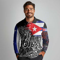 Cuba Flag Long Sleeve Polo Shirt Black with Red White Blue Patriotic Graphics and Cultural Doodle Design - Wonder Print Shop