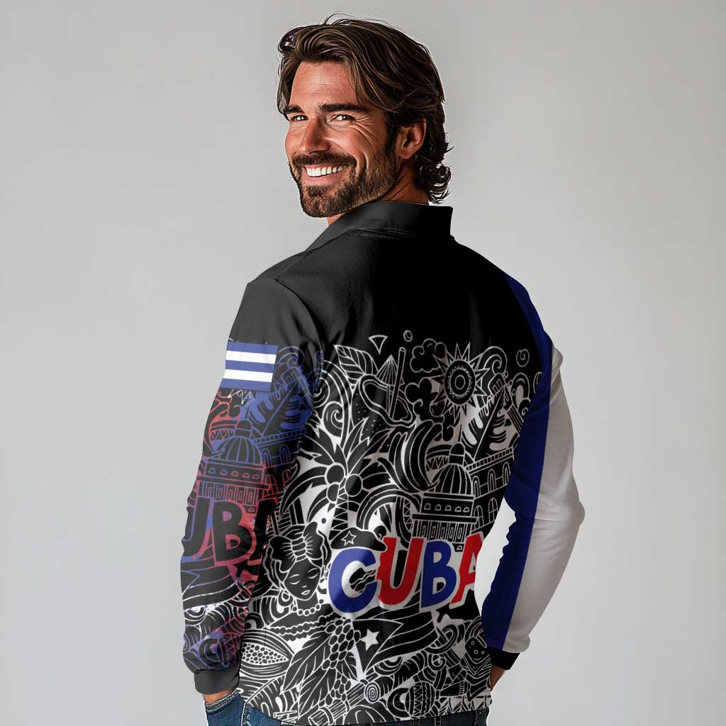Cuba Flag Long Sleeve Polo Shirt Black with Red White Blue Patriotic Graphics and Cultural Doodle Design - Wonder Print Shop
