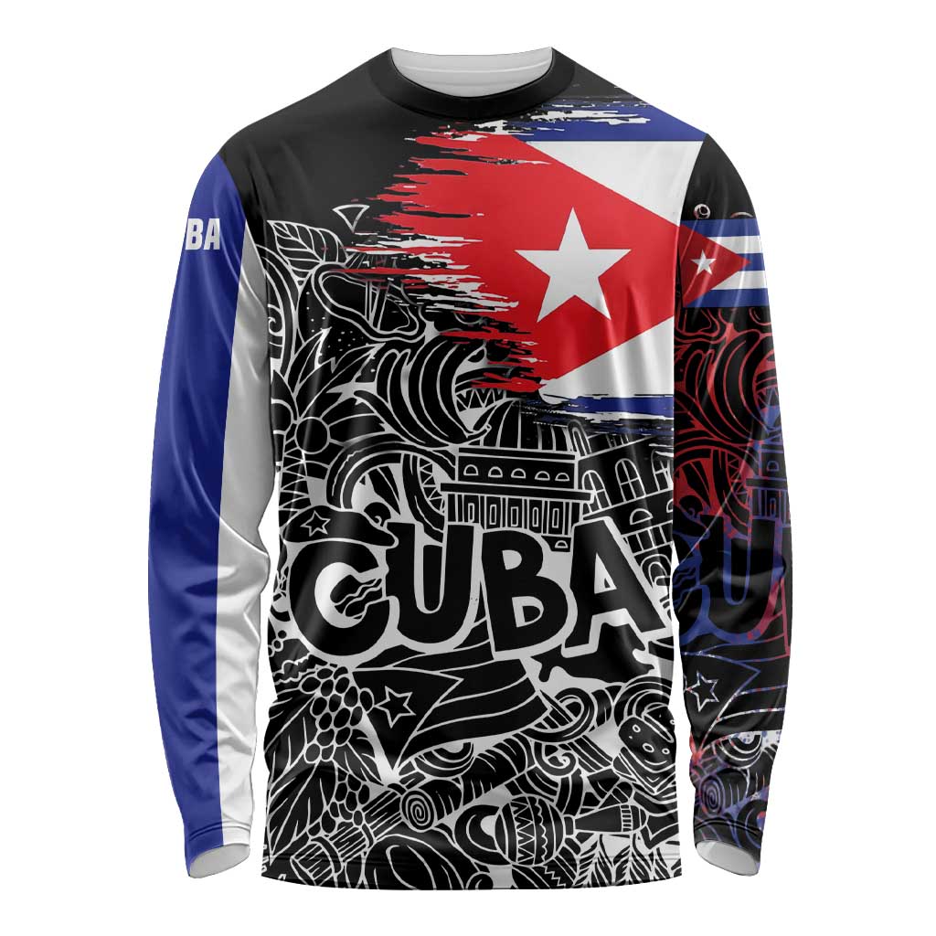 Cuba Flag Long Sleeve Shirt Black with Red White Blue Patriotic Graphics and Cultural Doodle Design - Wonder Print Shop