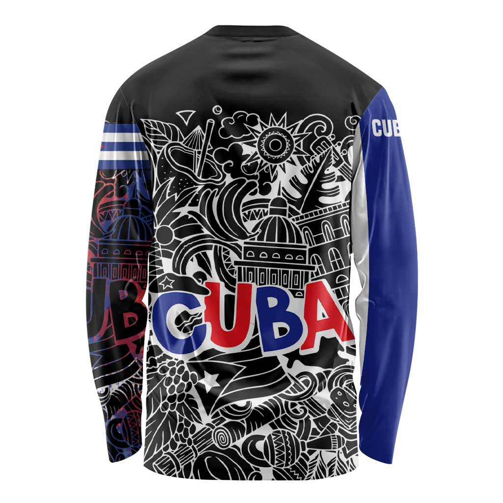 Cuba Flag Long Sleeve Shirt Black with Red White Blue Patriotic Graphics and Cultural Doodle Design - Wonder Print Shop