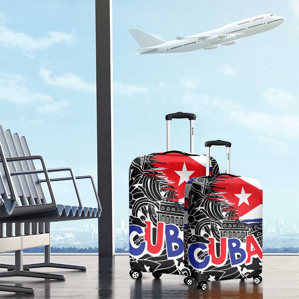 Cuba Flag Luggage Cover Black with Red White Blue Patriotic Graphics and Cultural Doodle Design - Wonder Print Shop
