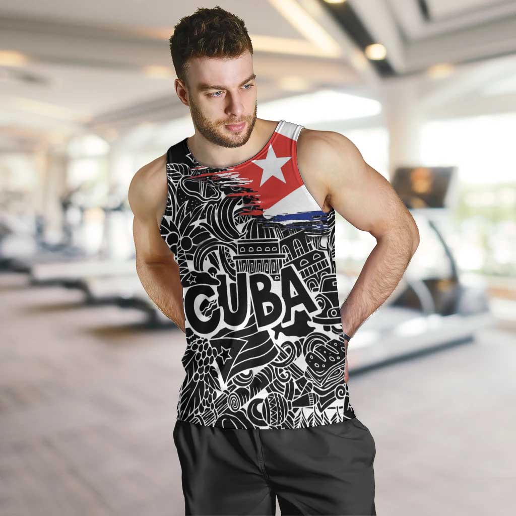 Cuba Flag Men Tank Top Black with Red White Blue Patriotic Graphics and Cultural Doodle Design - Wonder Print Shop