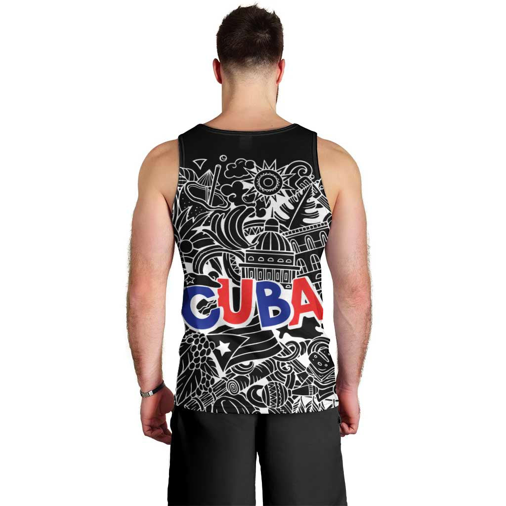Cuba Flag Men Tank Top Black with Red White Blue Patriotic Graphics and Cultural Doodle Design - Wonder Print Shop