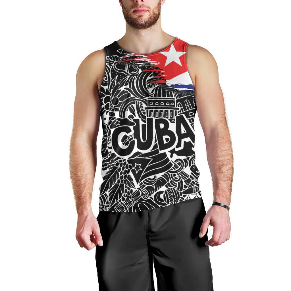 Cuba Flag Men Tank Top Black with Red White Blue Patriotic Graphics and Cultural Doodle Design - Wonder Print Shop