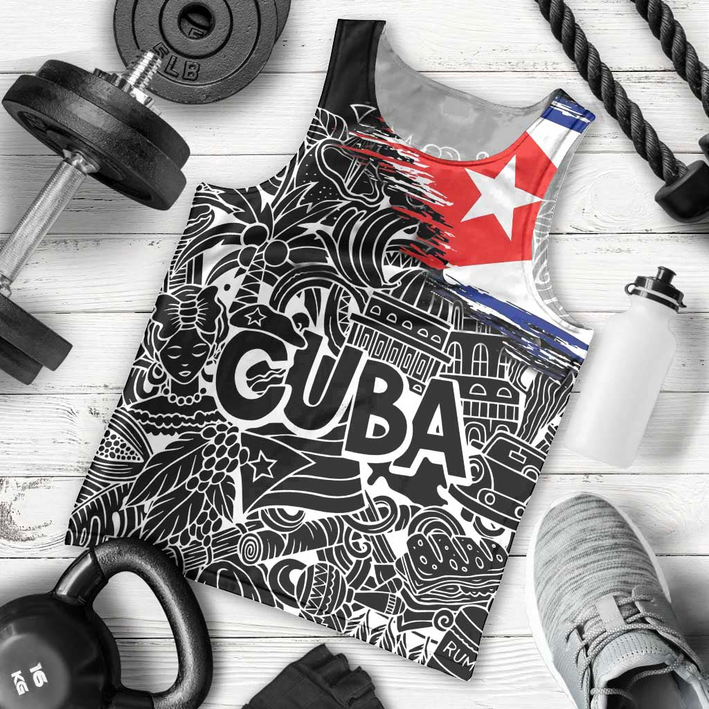 Cuba Flag Men Tank Top Black with Red White Blue Patriotic Graphics and Cultural Doodle Design - Wonder Print Shop
