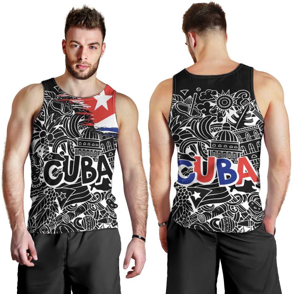 Cuba Flag Men Tank Top Black with Red White Blue Patriotic Graphics and Cultural Doodle Design - Wonder Print Shop