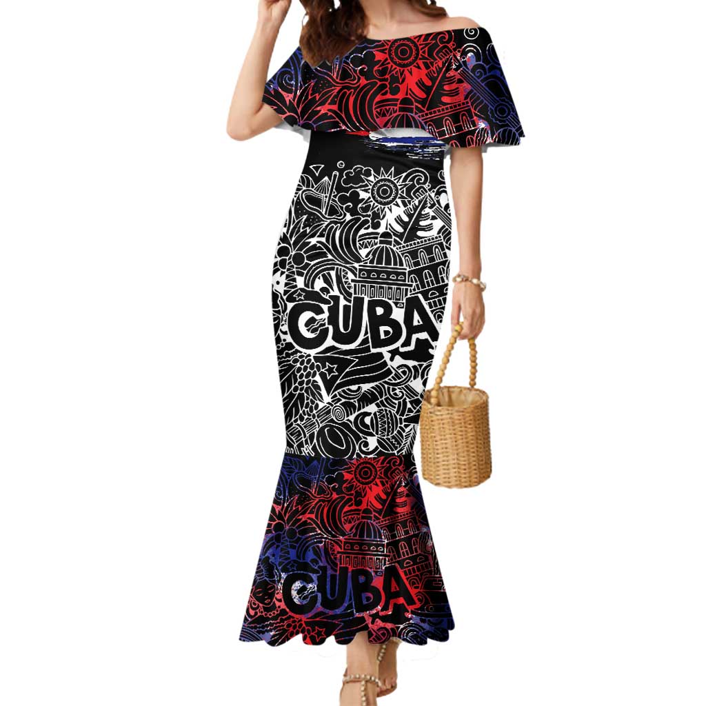 Cuba Flag Mermaid Dress Black with Red White Blue Patriotic Graphics and Cultural Doodle Design - Wonder Print Shop