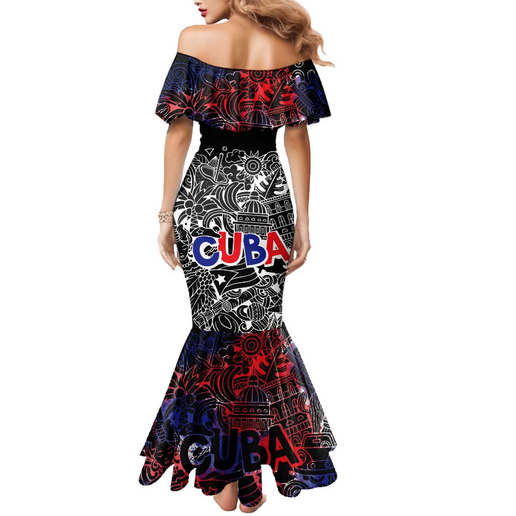 Cuba Flag Mermaid Dress Black with Red White Blue Patriotic Graphics and Cultural Doodle Design - Wonder Print Shop