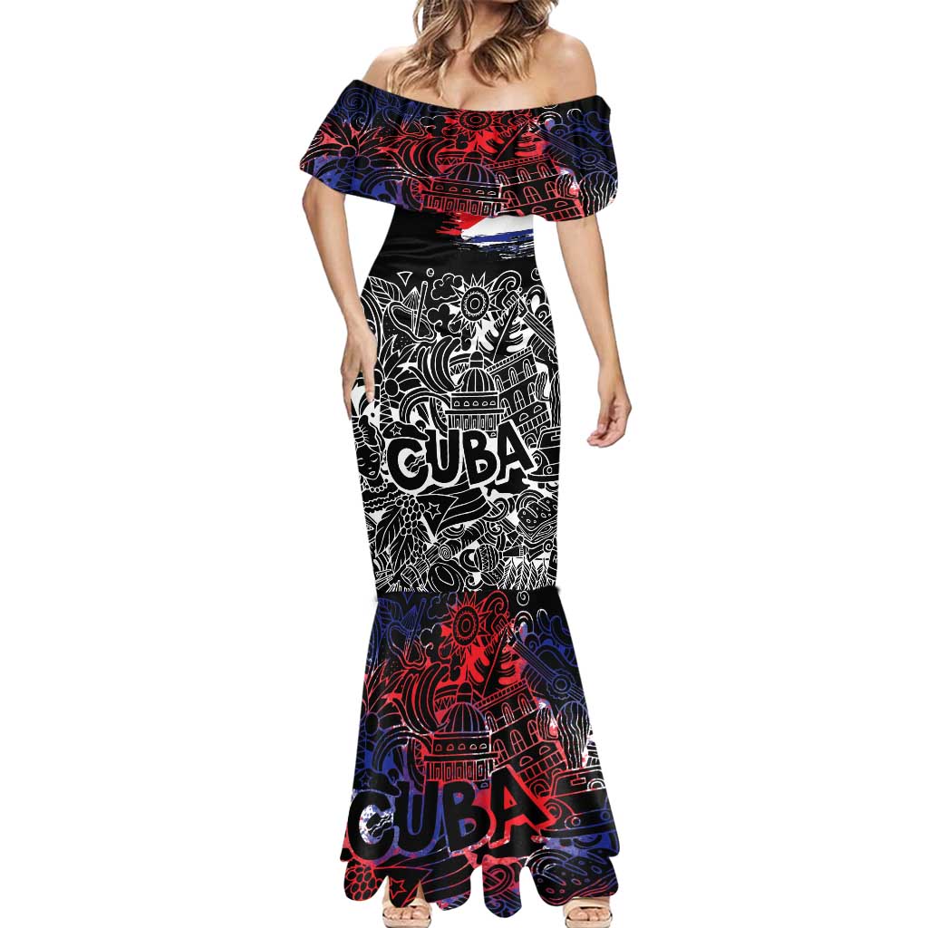 Cuba Flag Mermaid Dress Black with Red White Blue Patriotic Graphics and Cultural Doodle Design - Wonder Print Shop