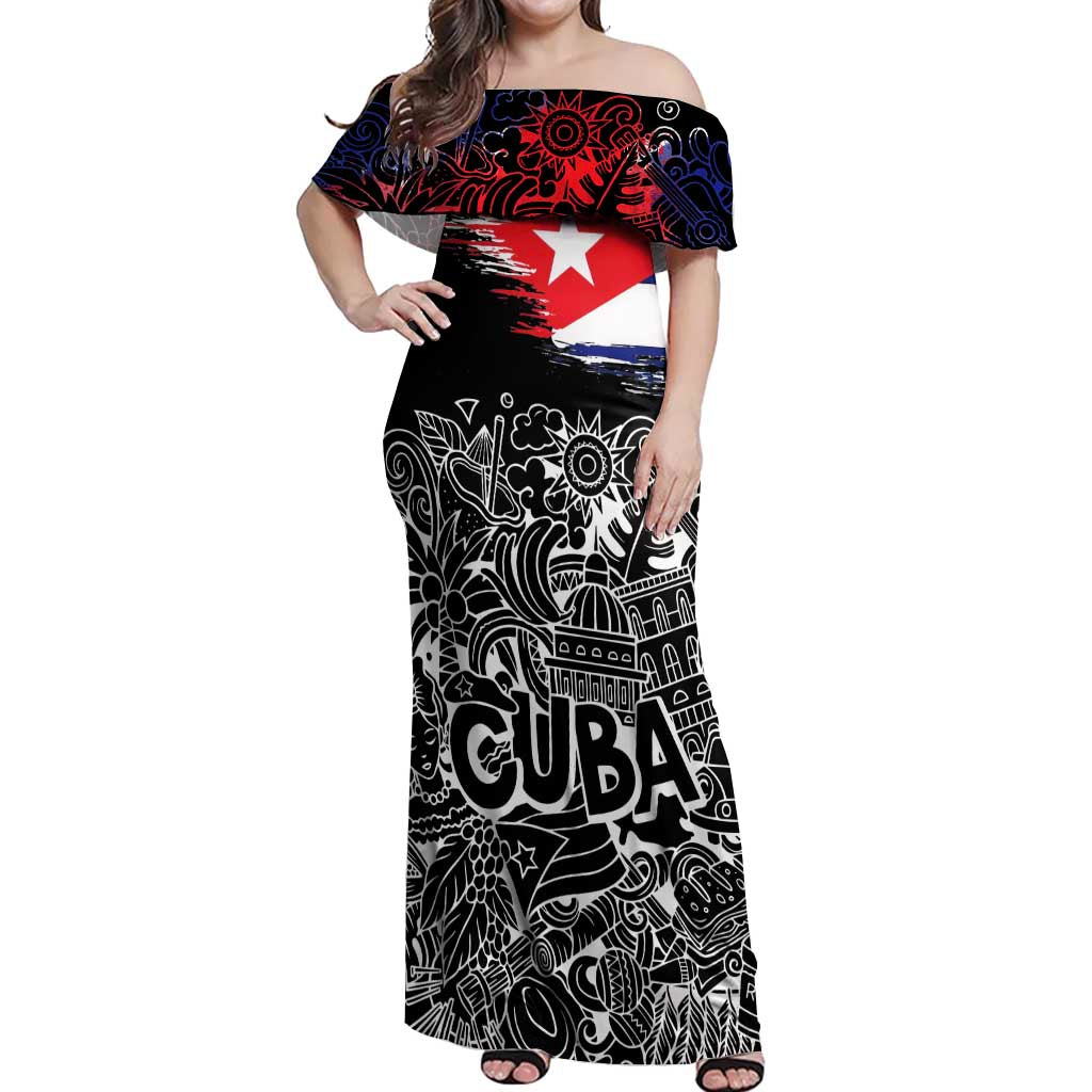Cuba Flag Off Shoulder Maxi Dress Black with Red White Blue Patriotic Graphics and Cultural Doodle Design - Wonder Print Shop