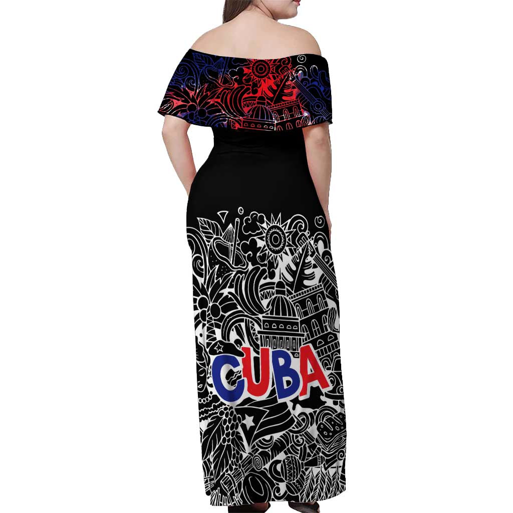 Cuba Flag Off Shoulder Maxi Dress Black with Red White Blue Patriotic Graphics and Cultural Doodle Design - Wonder Print Shop