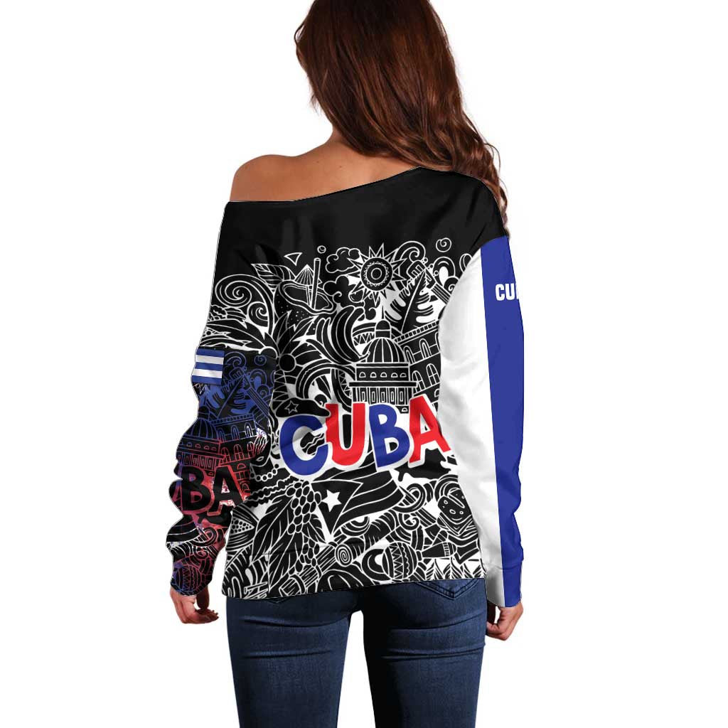 Cuba Flag Off Shoulder Sweater Black with Red White Blue Patriotic Graphics and Cultural Doodle Design - Wonder Print Shop