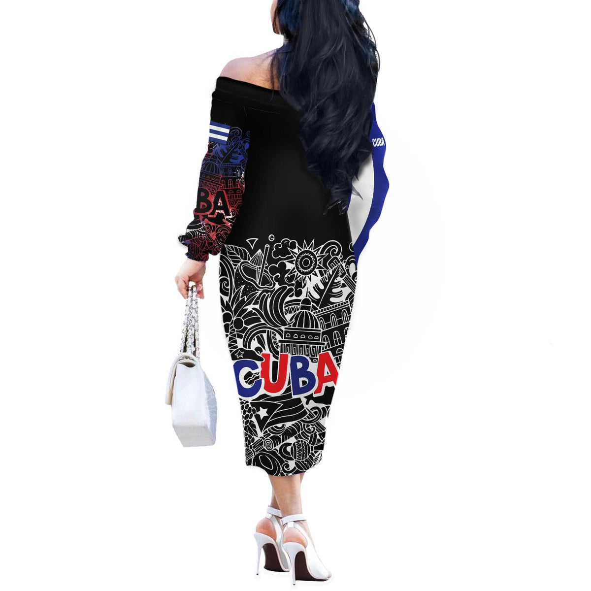 Cuba Flag Off The Shoulder Long Sleeve Dress Black with Red White Blue Patriotic Graphics and Cultural Doodle Design - Wonder Print Shop
