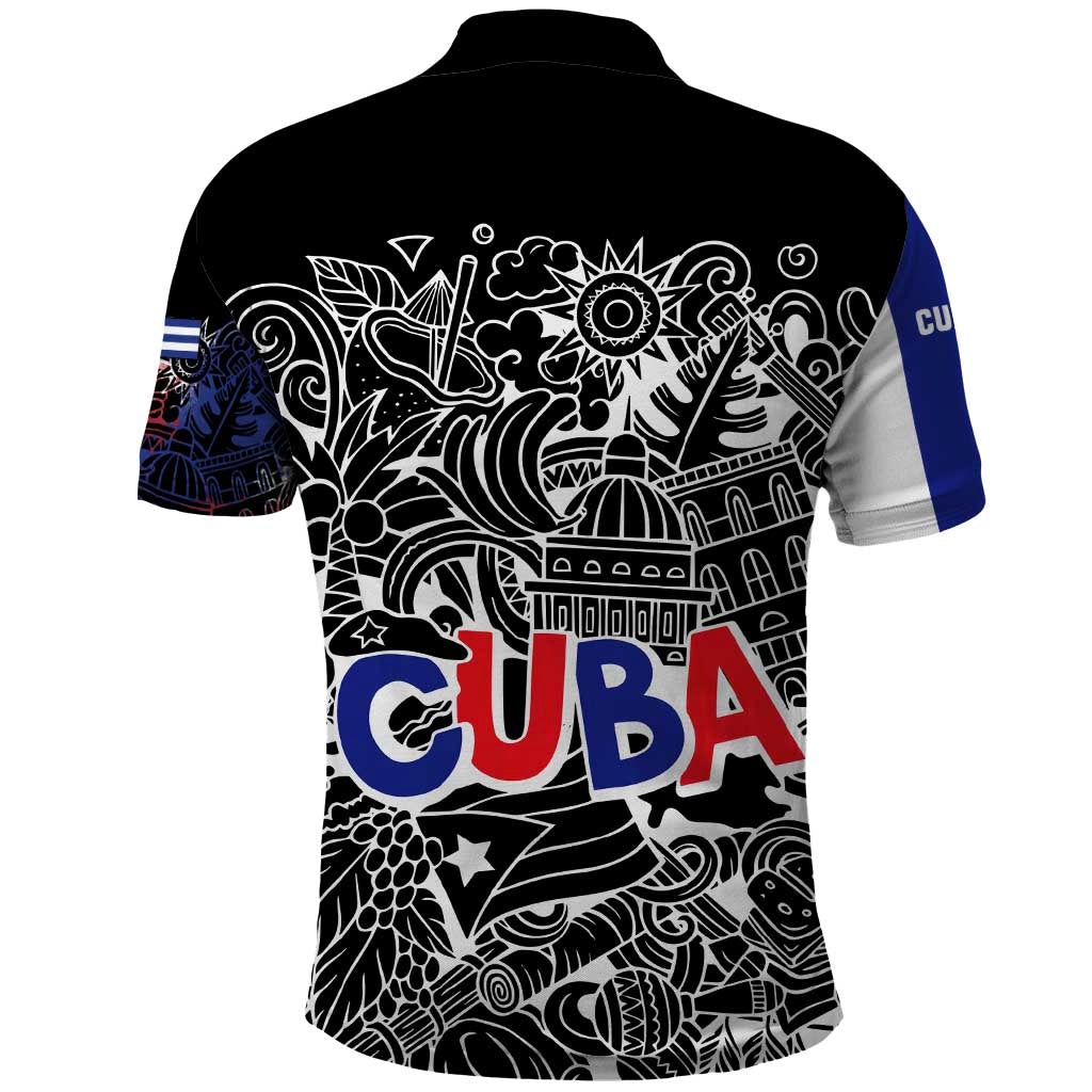 Cuba Flag Polo Shirt Black with Red White Blue Patriotic Graphics and Cultural Doodle Design - Wonder Print Shop