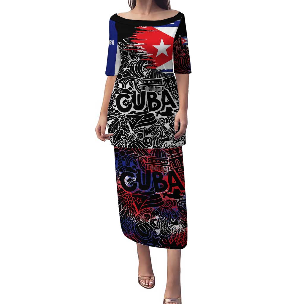 Cuba Flag Puletasi Black with Red White Blue Patriotic Graphics and Cultural Doodle Design - Wonder Print Shop