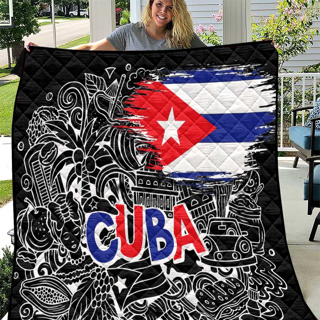 Cuba Flag Quilt Black with Red White Blue Patriotic Graphics and Cultural Doodle Design - Wonder Print Shop