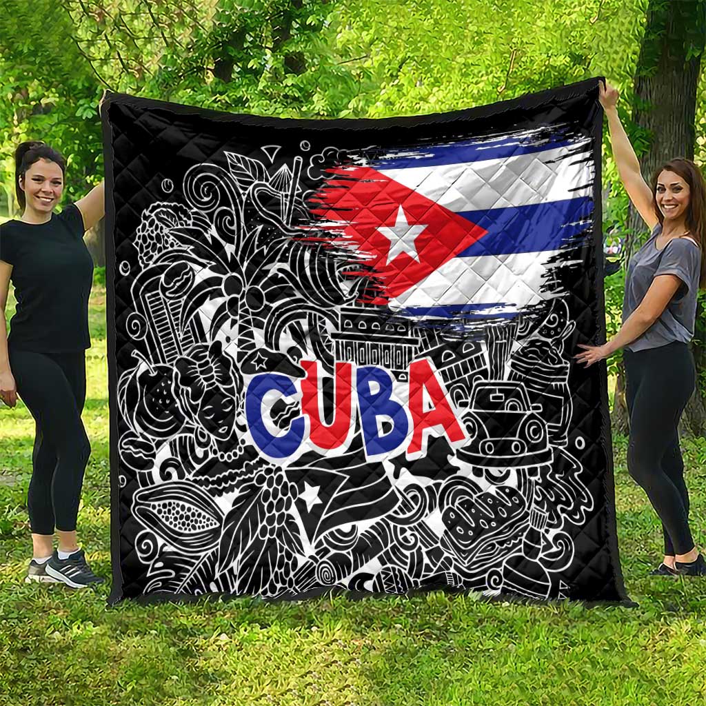 Cuba Flag Quilt Black with Red White Blue Patriotic Graphics and Cultural Doodle Design - Wonder Print Shop