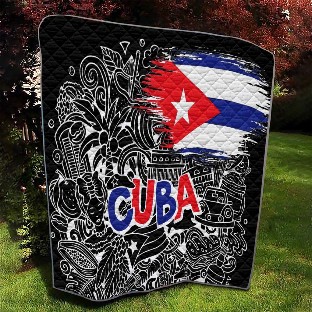 Cuba Flag Quilt Black with Red White Blue Patriotic Graphics and Cultural Doodle Design - Wonder Print Shop