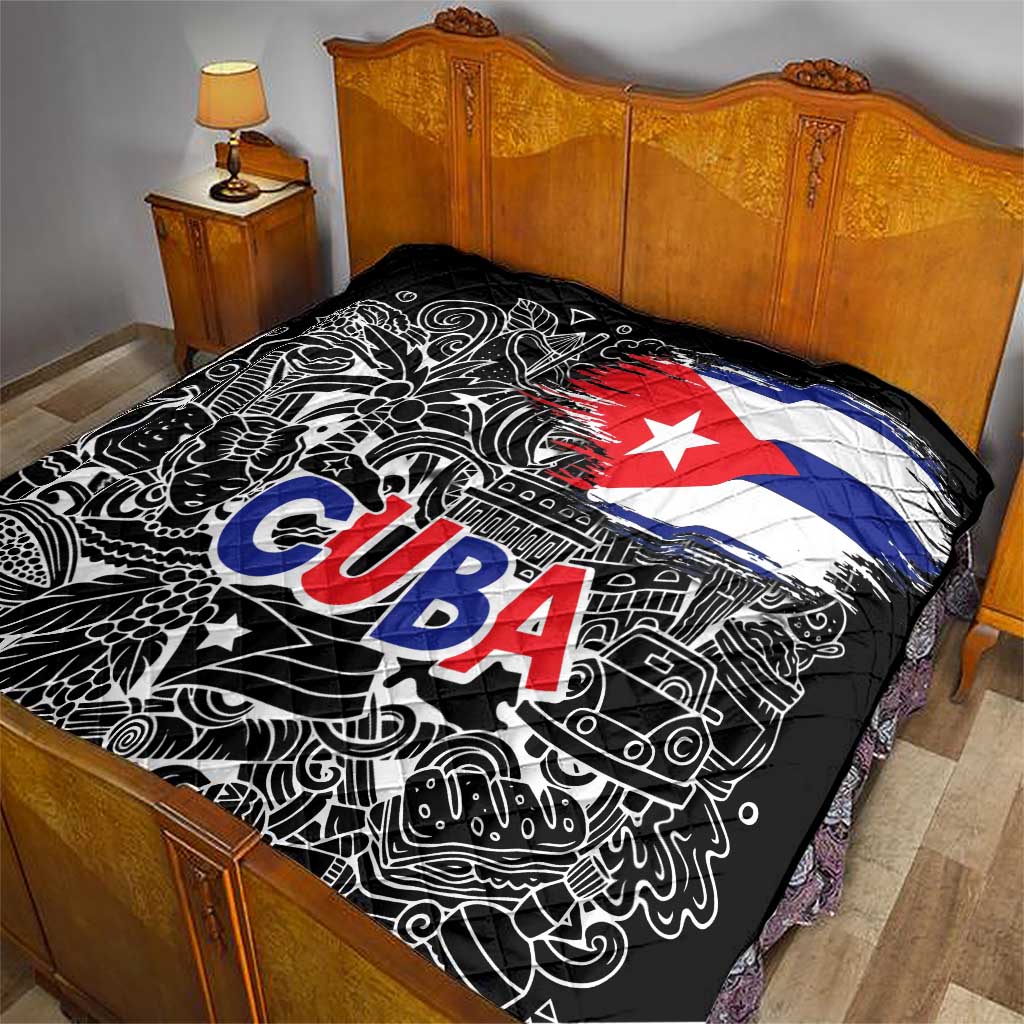 Cuba Flag Quilt Black with Red White Blue Patriotic Graphics and Cultural Doodle Design - Wonder Print Shop