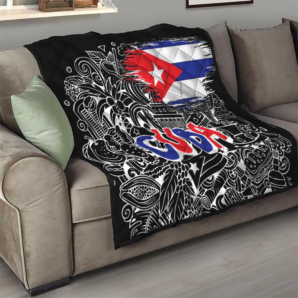 Cuba Flag Quilt Black with Red White Blue Patriotic Graphics and Cultural Doodle Design - Wonder Print Shop