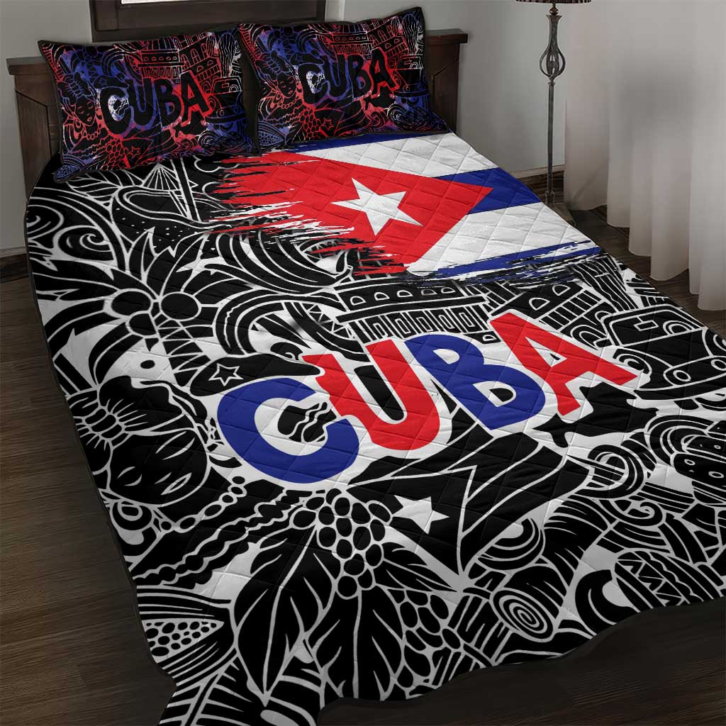 Cuba Flag Quilt Bed Set Black with Red White Blue Patriotic Graphics and Cultural Doodle Design - Wonder Print Shop