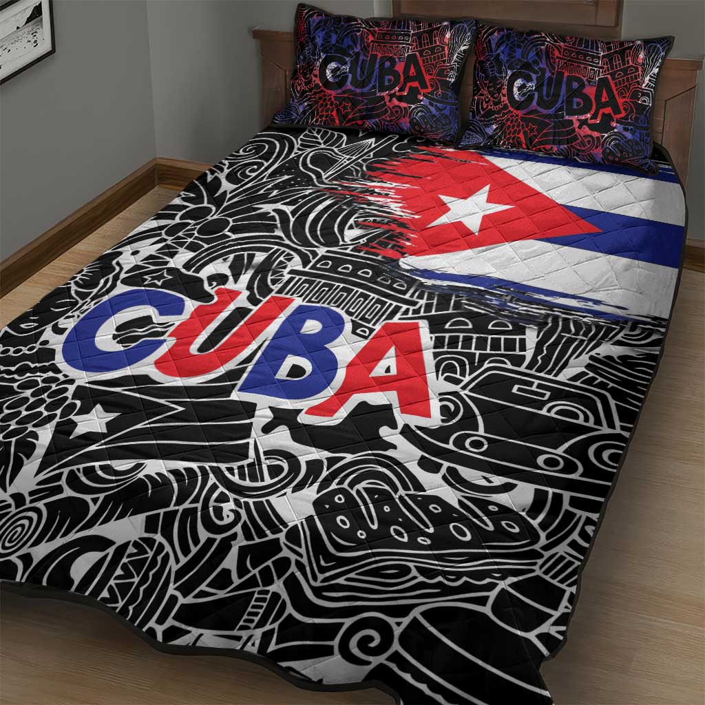 Cuba Flag Quilt Bed Set Black with Red White Blue Patriotic Graphics and Cultural Doodle Design - Wonder Print Shop