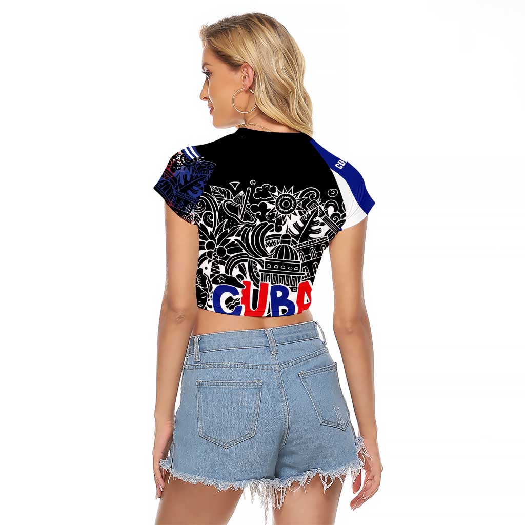 Cuba Flag Raglan Cropped T Shirt Black with Red White Blue Patriotic Graphics and Cultural Doodle Design - Wonder Print Shop