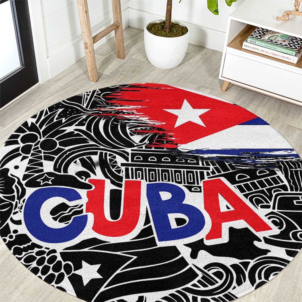 Cuba Flag Round Carpet Black with Red White Blue Patriotic Graphics and Cultural Doodle Design - Wonder Print Shop