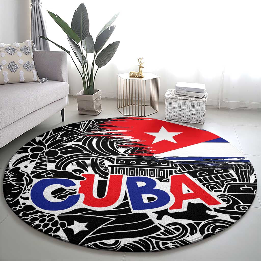 Cuba Flag Round Carpet Black with Red White Blue Patriotic Graphics and Cultural Doodle Design - Wonder Print Shop