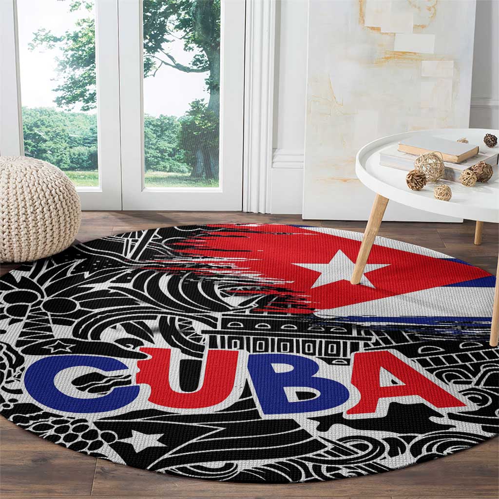 Cuba Flag Round Carpet Black with Red White Blue Patriotic Graphics and Cultural Doodle Design - Wonder Print Shop