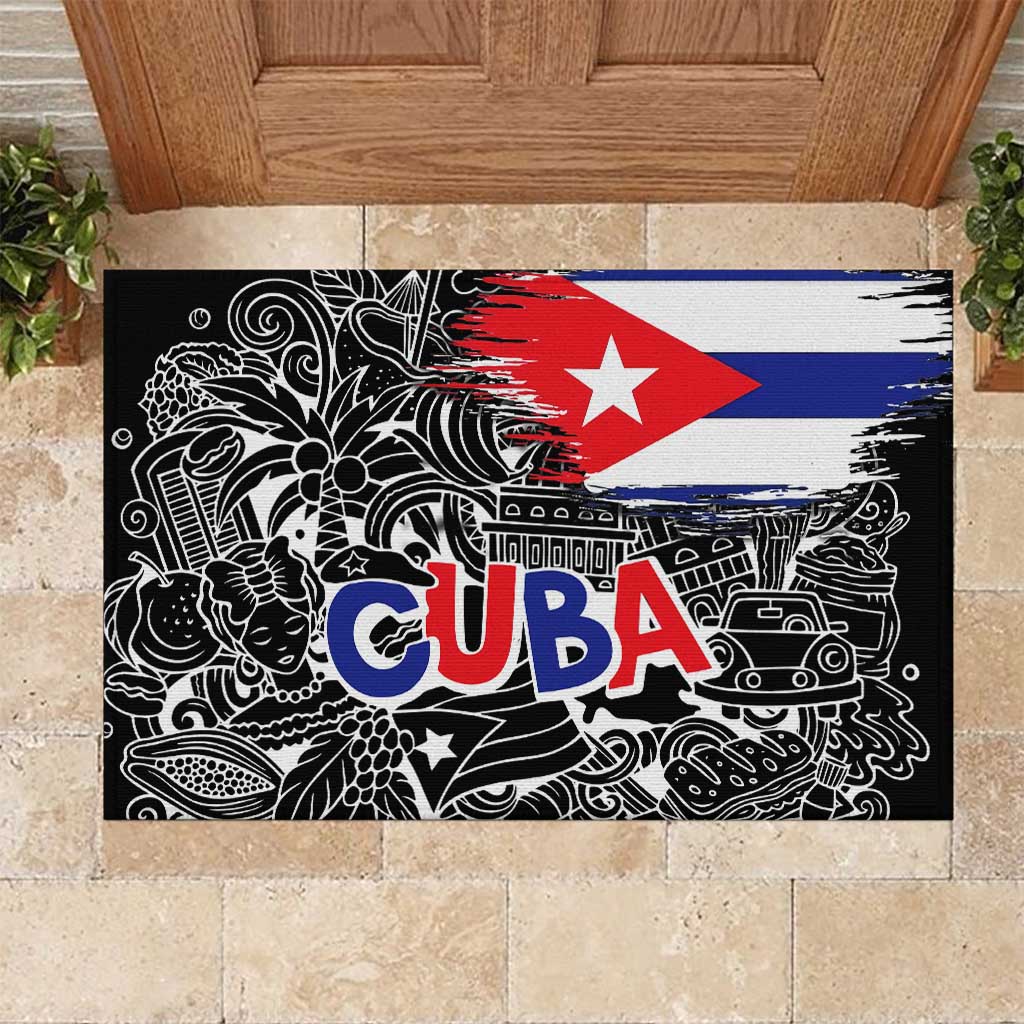 Cuba Flag Rubber Doormat Black with Red White Blue Patriotic Graphics and Cultural Doodle Design - Wonder Print Shop