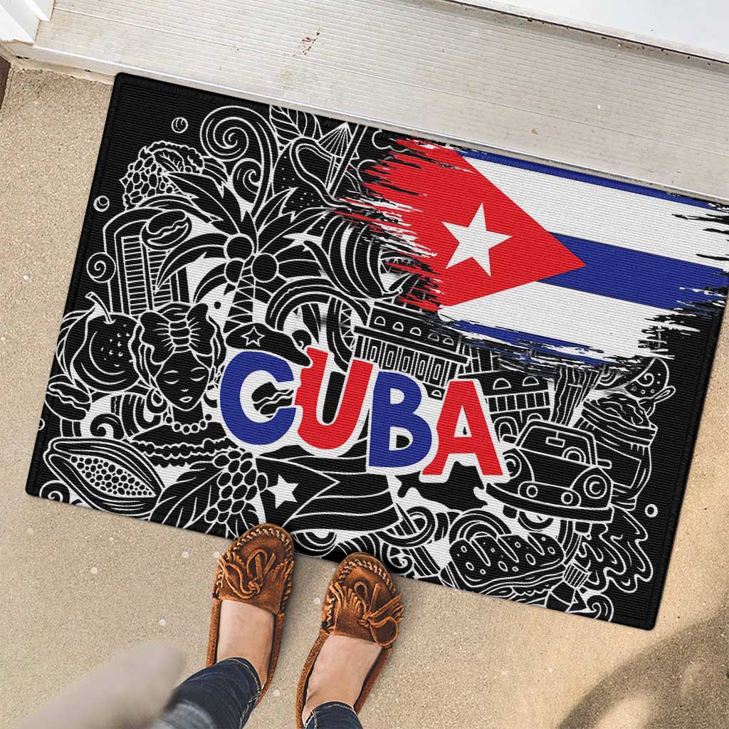 Cuba Flag Rubber Doormat Black with Red White Blue Patriotic Graphics and Cultural Doodle Design - Wonder Print Shop