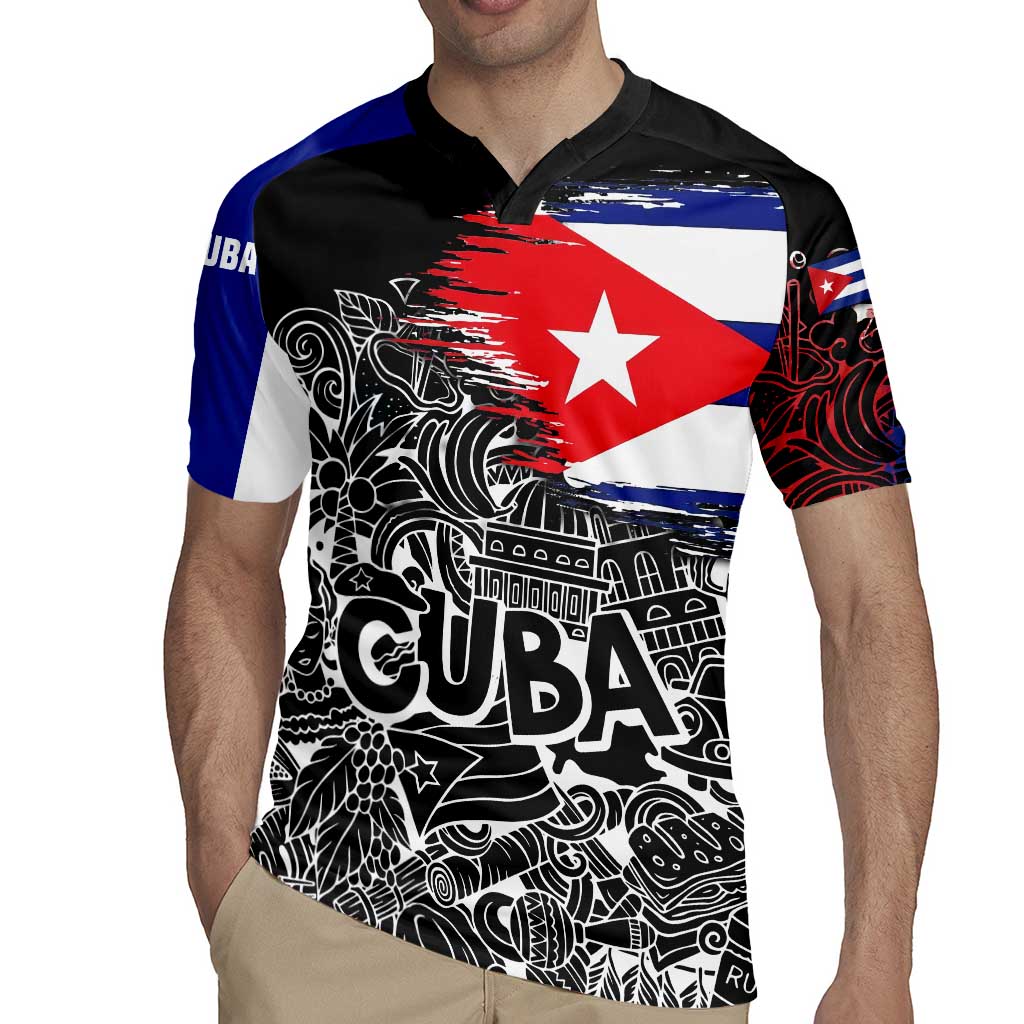 Cuba Flag Rugby Jersey Black with Red White Blue Patriotic Graphics and Cultural Doodle Design - Wonder Print Shop
