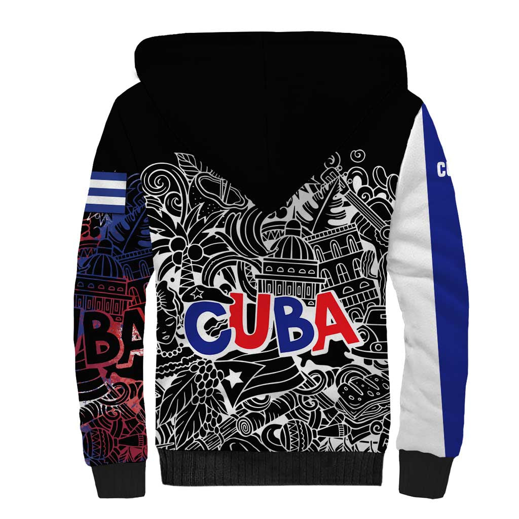 Cuba Flag Sherpa Hoodie Black with Red White Blue Patriotic Graphics and Cultural Doodle Design - Wonder Print Shop