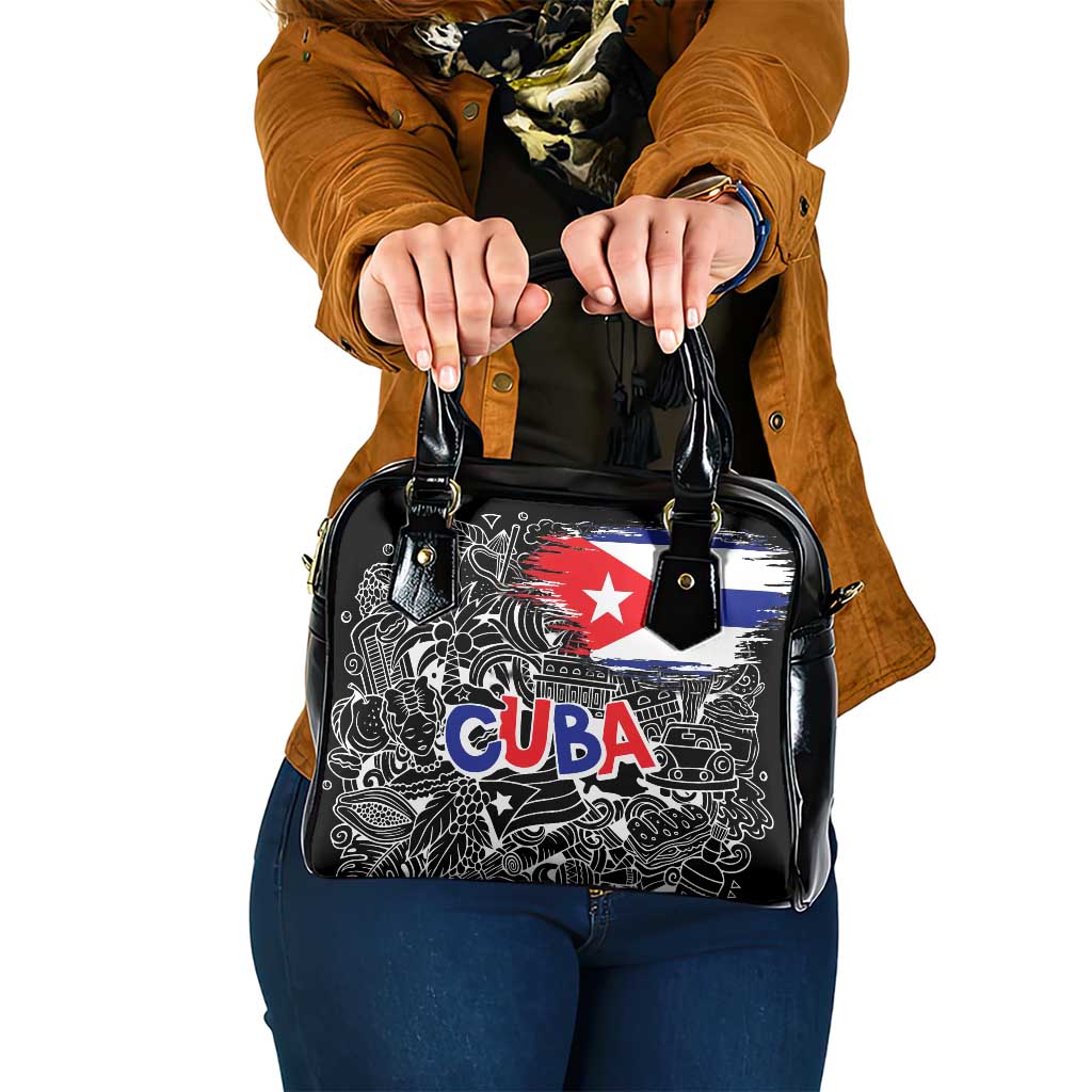 Cuba Flag Shoulder Handbag Black with Red White Blue Patriotic Graphics and Cultural Doodle Design - Wonder Print Shop