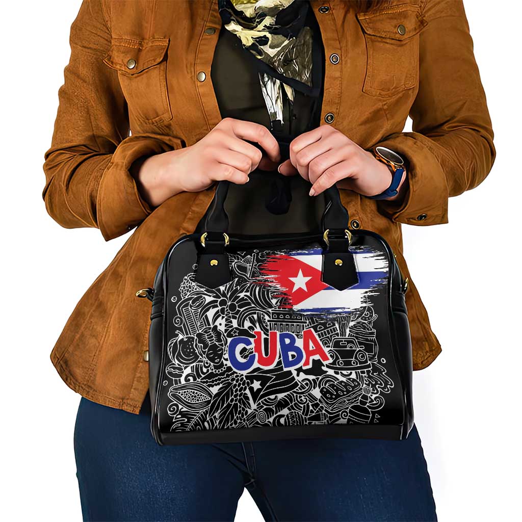 Cuba Flag Shoulder Handbag Black with Red White Blue Patriotic Graphics and Cultural Doodle Design - Wonder Print Shop