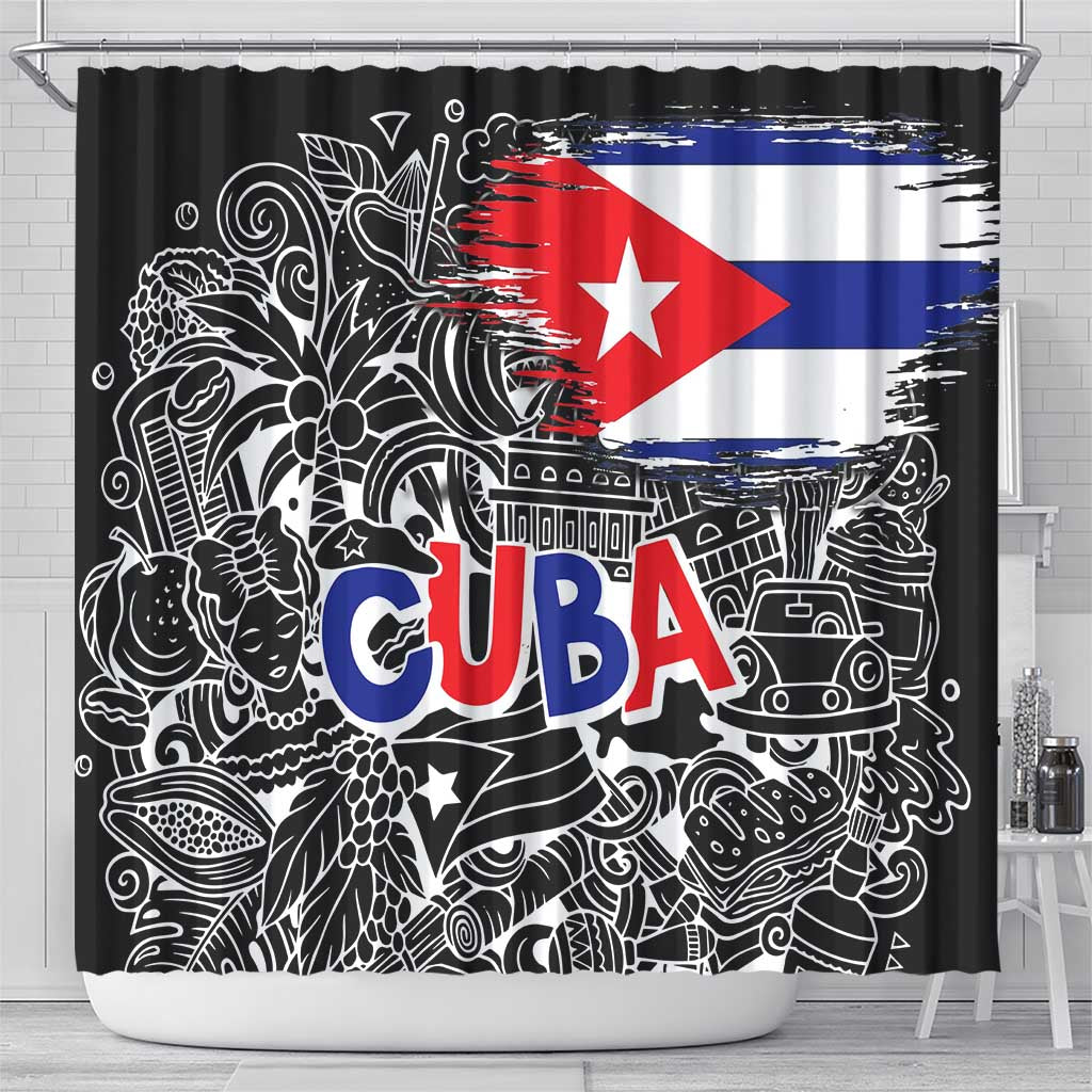 Cuba Flag Shower Curtain Black with Red White Blue Patriotic Graphics and Cultural Doodle Design - Wonder Print Shop