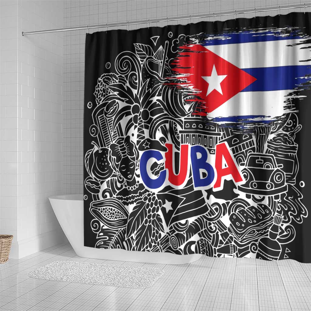 Cuba Flag Shower Curtain Black with Red White Blue Patriotic Graphics and Cultural Doodle Design - Wonder Print Shop