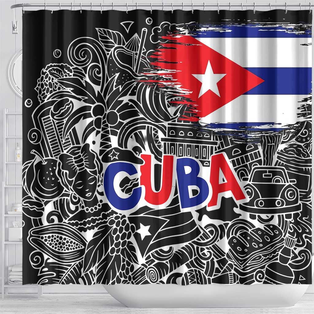 Cuba Flag Shower Curtain Black with Red White Blue Patriotic Graphics and Cultural Doodle Design - Wonder Print Shop