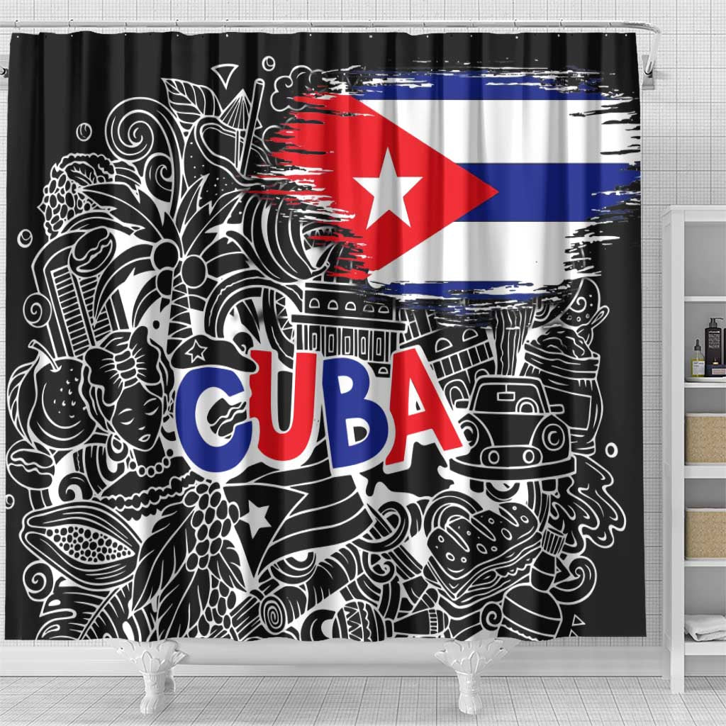 Cuba Flag Shower Curtain Black with Red White Blue Patriotic Graphics and Cultural Doodle Design - Wonder Print Shop