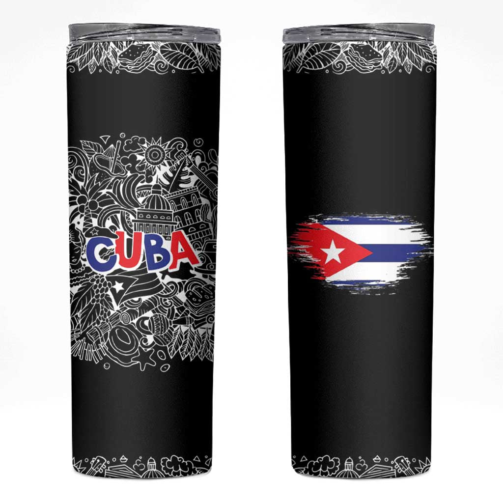 Cuba Flag Skinny Tumbler Black with Red White Blue Patriotic Graphics and Cultural Doodle Design - Wonder Print Shop