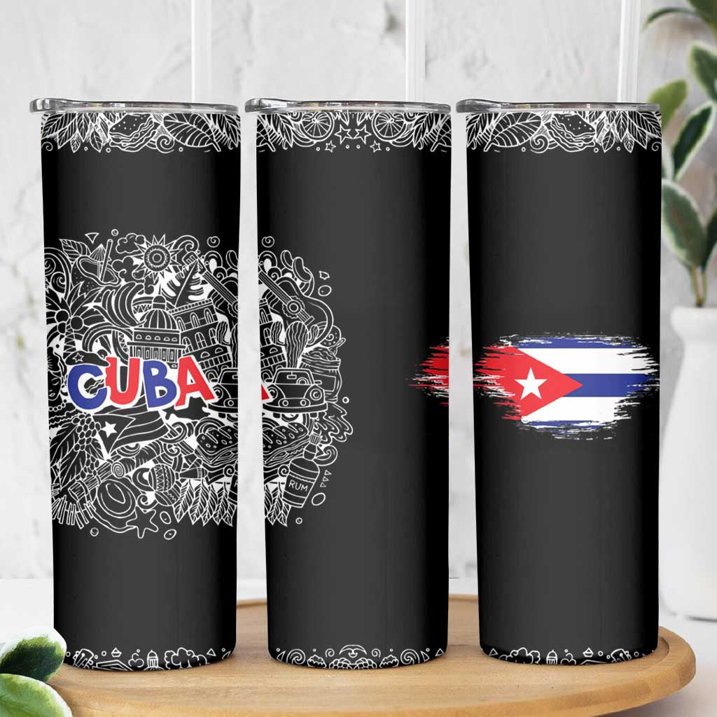 Cuba Flag Skinny Tumbler Black with Red White Blue Patriotic Graphics and Cultural Doodle Design - Wonder Print Shop