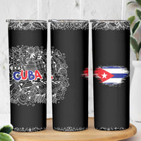 Cuba Flag Skinny Tumbler Black with Red White Blue Patriotic Graphics and Cultural Doodle Design - Wonder Print Shop