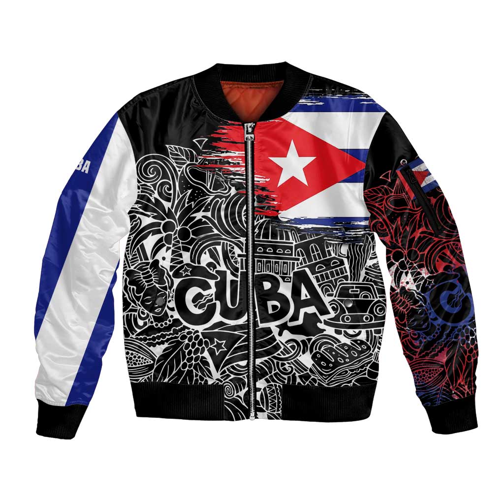 Cuba Flag Sleeve Zip Bomber Jacket Black with Red White Blue Patriotic Graphics and Cultural Doodle Design - Wonder Print Shop