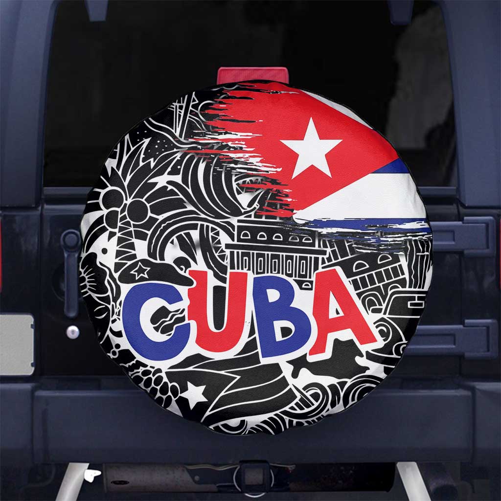 Cuba Flag Spare Tire Cover Black with Red White Blue Patriotic Graphics and Cultural Doodle Design - Wonder Print Shop